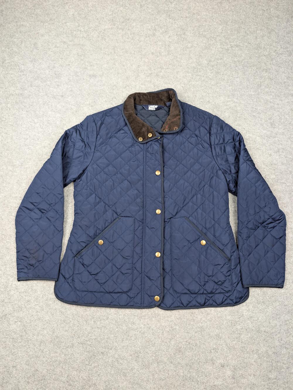 Lands End Jacket Womens Small Blue Quilted PrimaLoft Corduroy Collar Zip Pockets